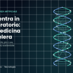 Intelligenza artificiale in medicina: doppia elica del DNA collegata a una rete neurale