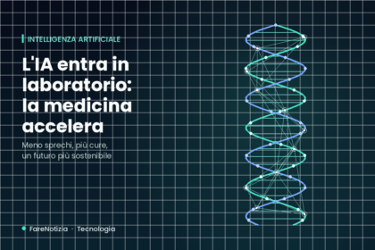 Intelligenza artificiale in medicina: doppia elica del DNA collegata a una rete neurale